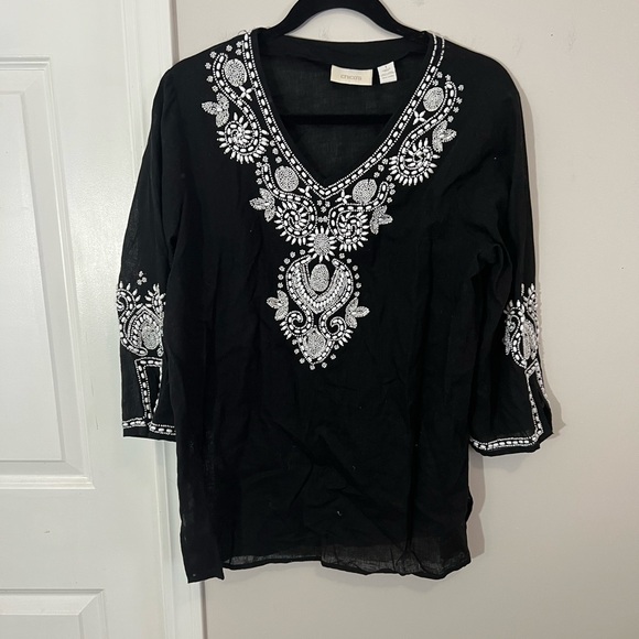Chico's Tops - Chicos Black Linen cotton Blend Tunic Top Blouse Beaded Scoop Neck 3/4 Sleeve,1